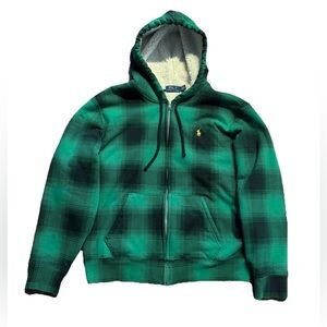 Polo Ralph Lauren Green Plaid Sherpa Lined Zip Up Hoodie | Size Large